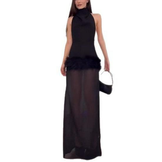 2025 European & American Sexy Spaghetti Strap Backless Patchwork Plush Dress Double Extra Large чёрный