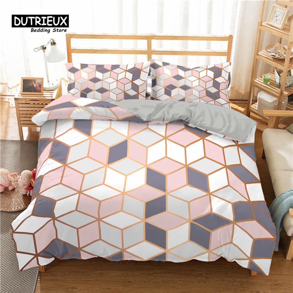 Geometric Bedding Set Microfiber Abstract Triangle Marble Pattern Print Duvet Cover With Pillowcases Teens Adults Bedroom Decor