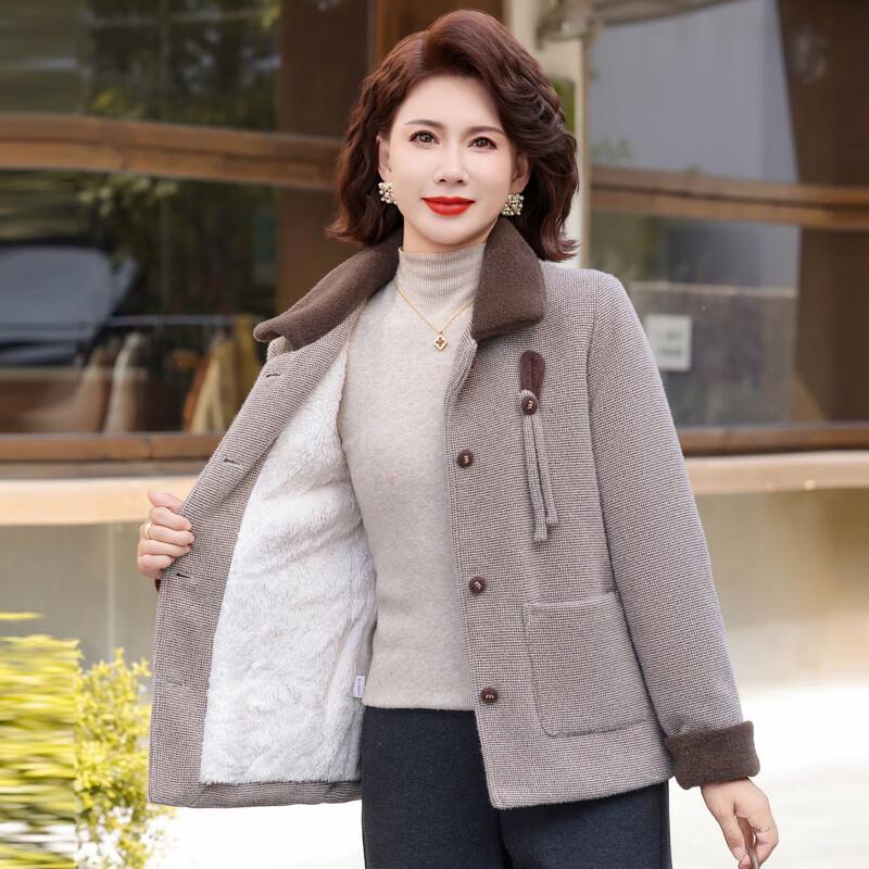 Middle-Aged Women's Winter Plush Lined Wool Blend Coat