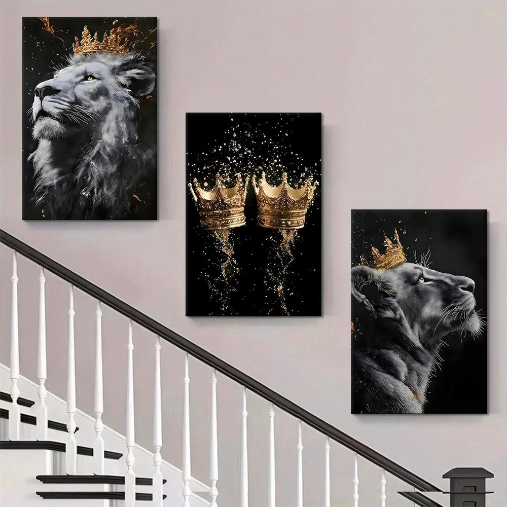 Pittura Decorativa Corona Re Leone Nobile Piatta 2D 3 Pezzi, Pittura su Tela Arte Animale Minimalista Moderna, Adatta per Soggiorno,