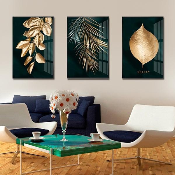 Golden Plant Leaves Abstract Wall Poster Modern Style Print Canvas Living Room Bedroom Painting Frameless