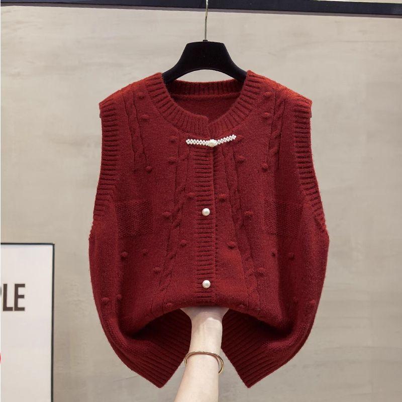 Round Neck Cardigan Chinese Style Knitted Vest Women's Spring Autumn Loose Outerwear Gilet Sweater Waistcoat