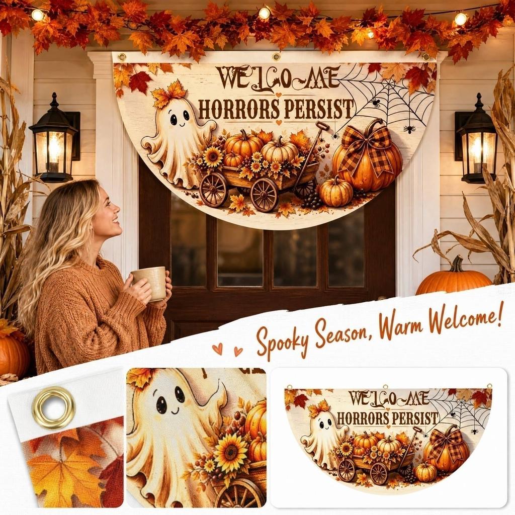 2 Pack Halloween Half Circle Pumpkin Fan Shaped Flags with Clips for Outdoor Garden Decor