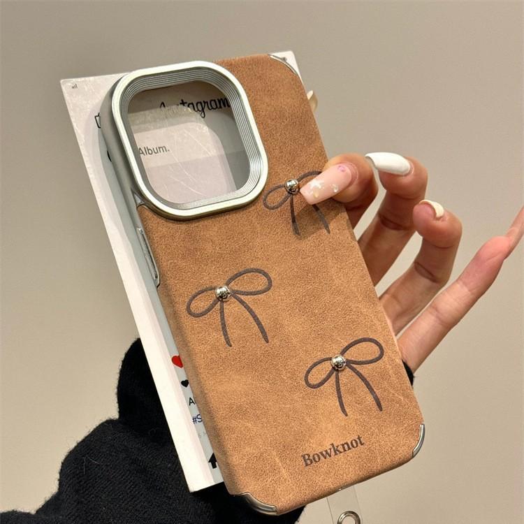 Retro Leather Brown Bow Suitable for Apple 16promax Mobile Phone Case IPhone 14 Anti-fall 13/11/12