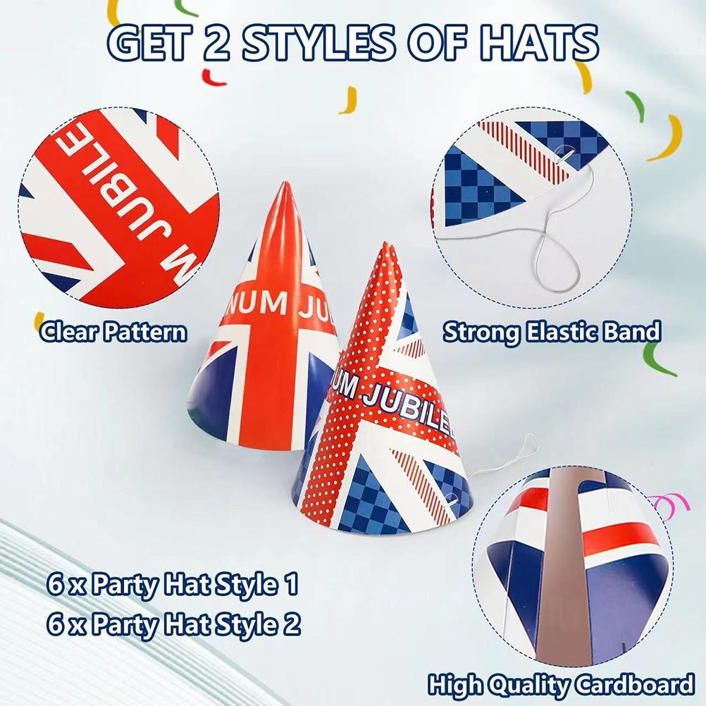 12 Pcs Union Jack Hats for Platinum Jubilee Decorations 2022 Paper Jubilee Hats Union Jack Party Supplies for Adults