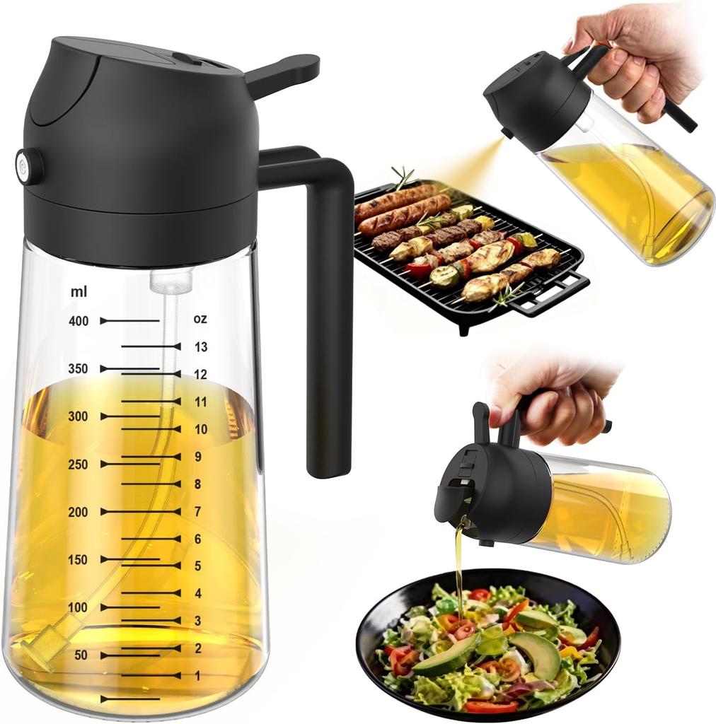16oz/470ml Glass Olive Oil Sprayer for Cooking - 2 In 1 Olive Oil Dispenser for Kitchen Gadgets, Air Fryer, Salad, and BBQ