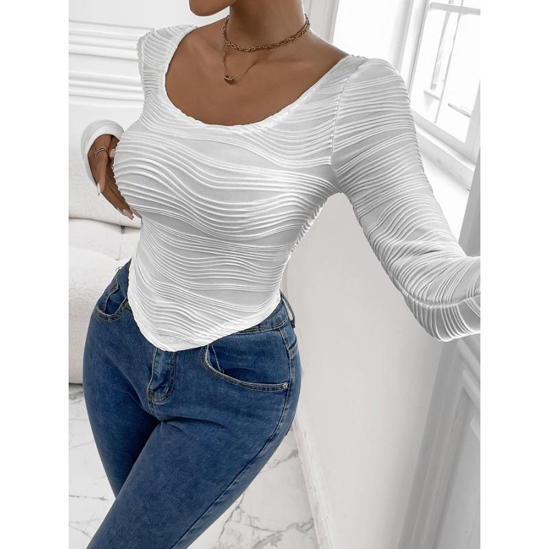 Fashion Elegant Long Sleeve Pleated Sexy Women T-Shirt Slim Fit New Crew Neck Curved Texture Office Crop Blouse Spring and Autumn Irregular Shirt Tops