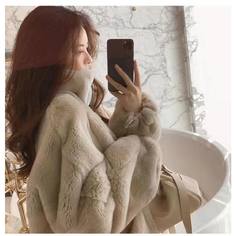 

New loose embroidery hooded pink fur women fluffy imitation mink jacket small man S