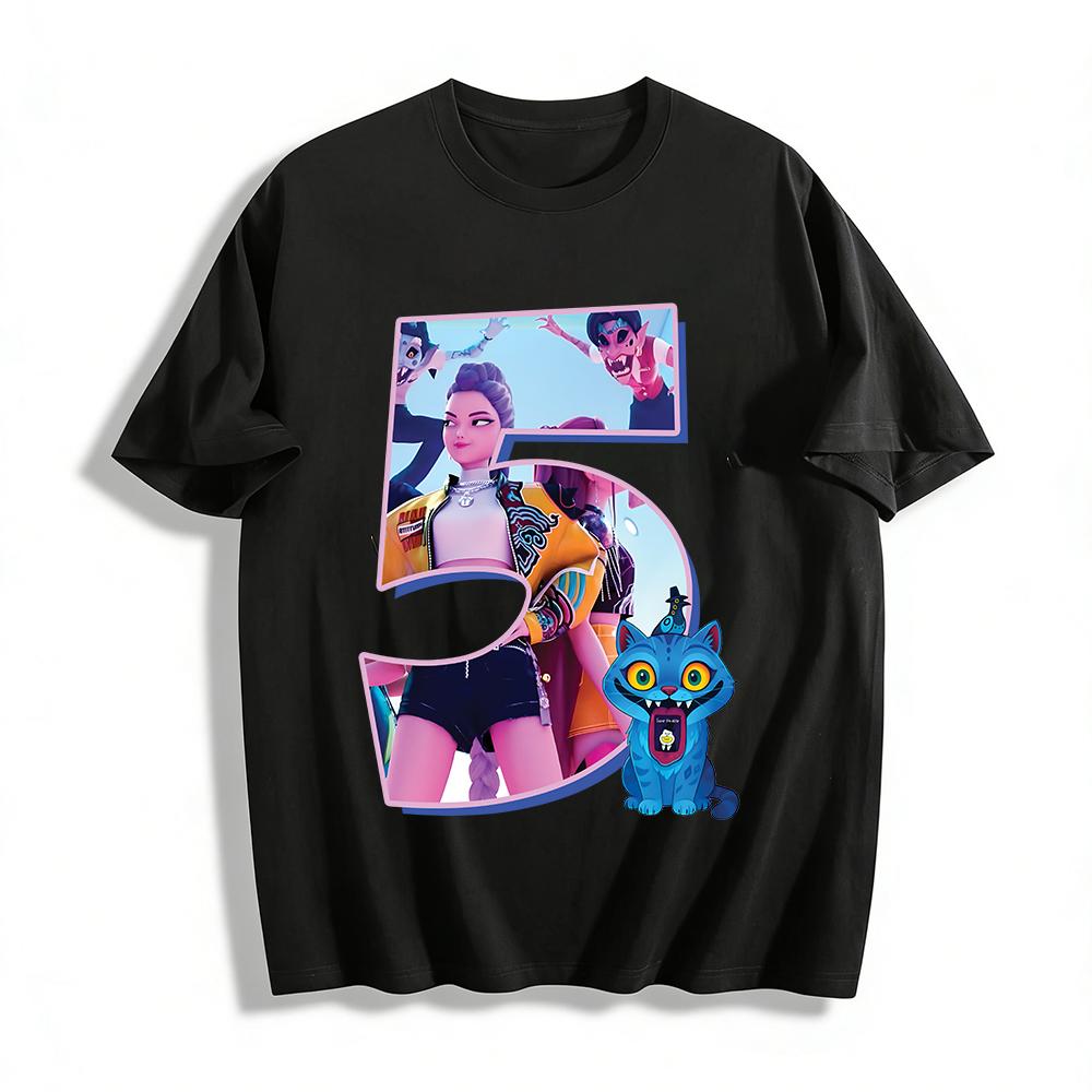 Trendy Cool Girl Monster Themed Number 5 Print Top Street Style Anime Peripheral Casual T-Shirt Pure Cotton T-shirt