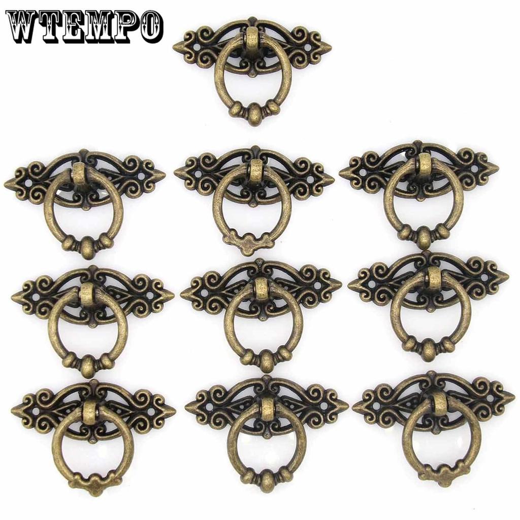 10pcs Vintage Distressed Antique Brass Finish Ring Pulls Handles for Cabinet Cupboard Drawer Dresser, Length 2.5-in (6.5 Cm) and Width 1.8-in (4.7 Cm)