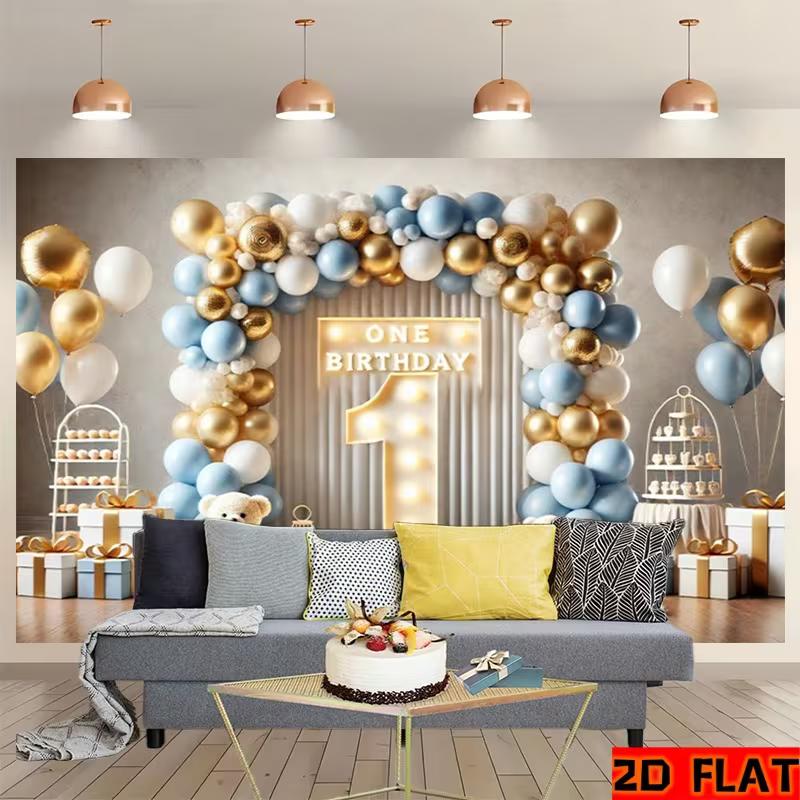 

2D Neutral Blue Gold First Birthday Backdrop Banner Baby Boy Happy Birthday Party Decor Background 47.2x31.5inch/120*80cm