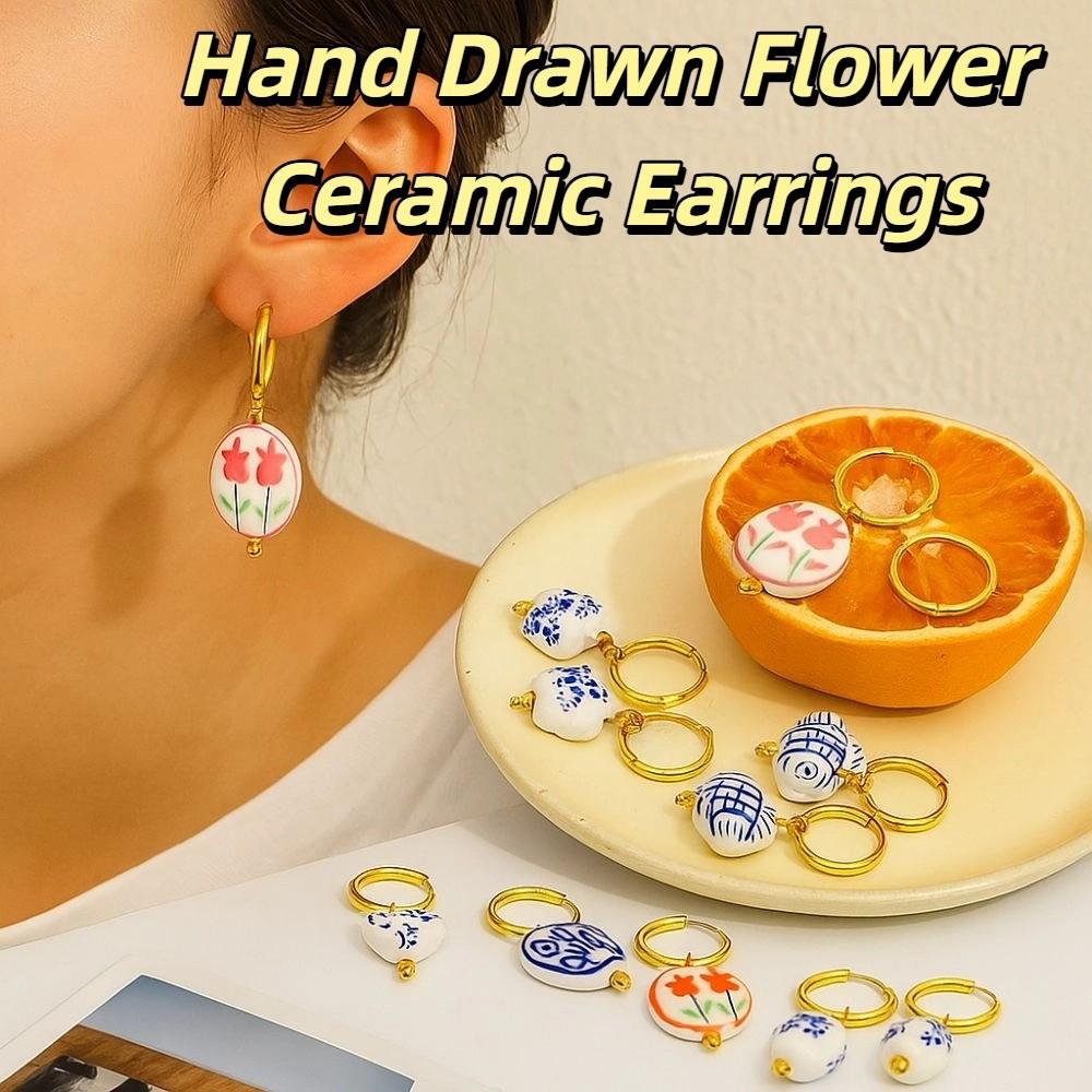 Chinese Style Ceramic Ear Buckle Dripping Oil Gold Hoop Earrings  Party