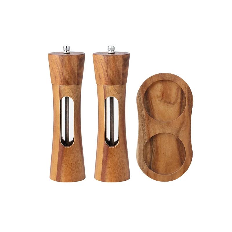 Salt and Pepper Grinder Set 8 Inch Wooden Mills with Storage Base Adjustable Ceramic Steel Core Spice Shakers Manual Grinder