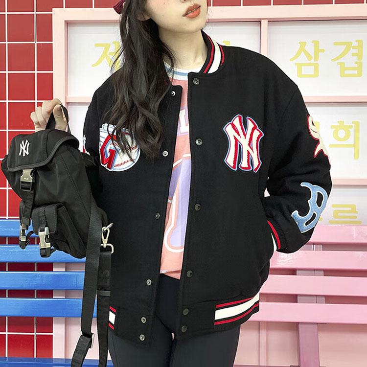 MLB Basic Series FW22 Sports Loose Logo Print Striped Color Block Single-Breasted Baseball Jacket Unisex jackets Black 3AJPN0124-00BKS