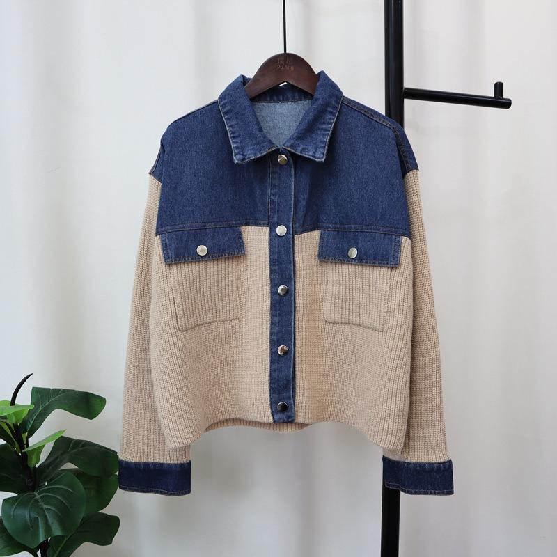 Autumn and Winter New Splicing Denim Knitted Cardigan Short Loose and Versatile Design Sweater Jacket Women