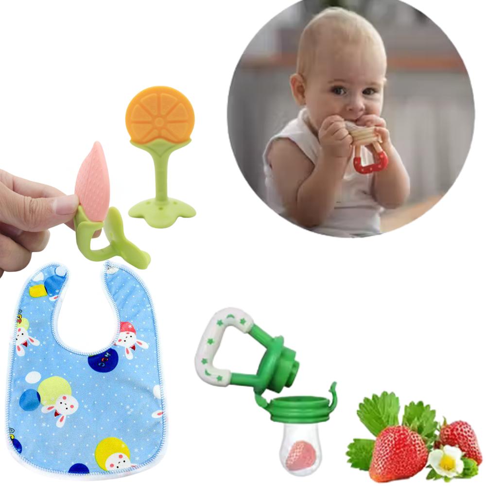 Baby Feeding & Teething Combo – Teether, Fruit Feeder & Silicone Bib (Pack of 3)