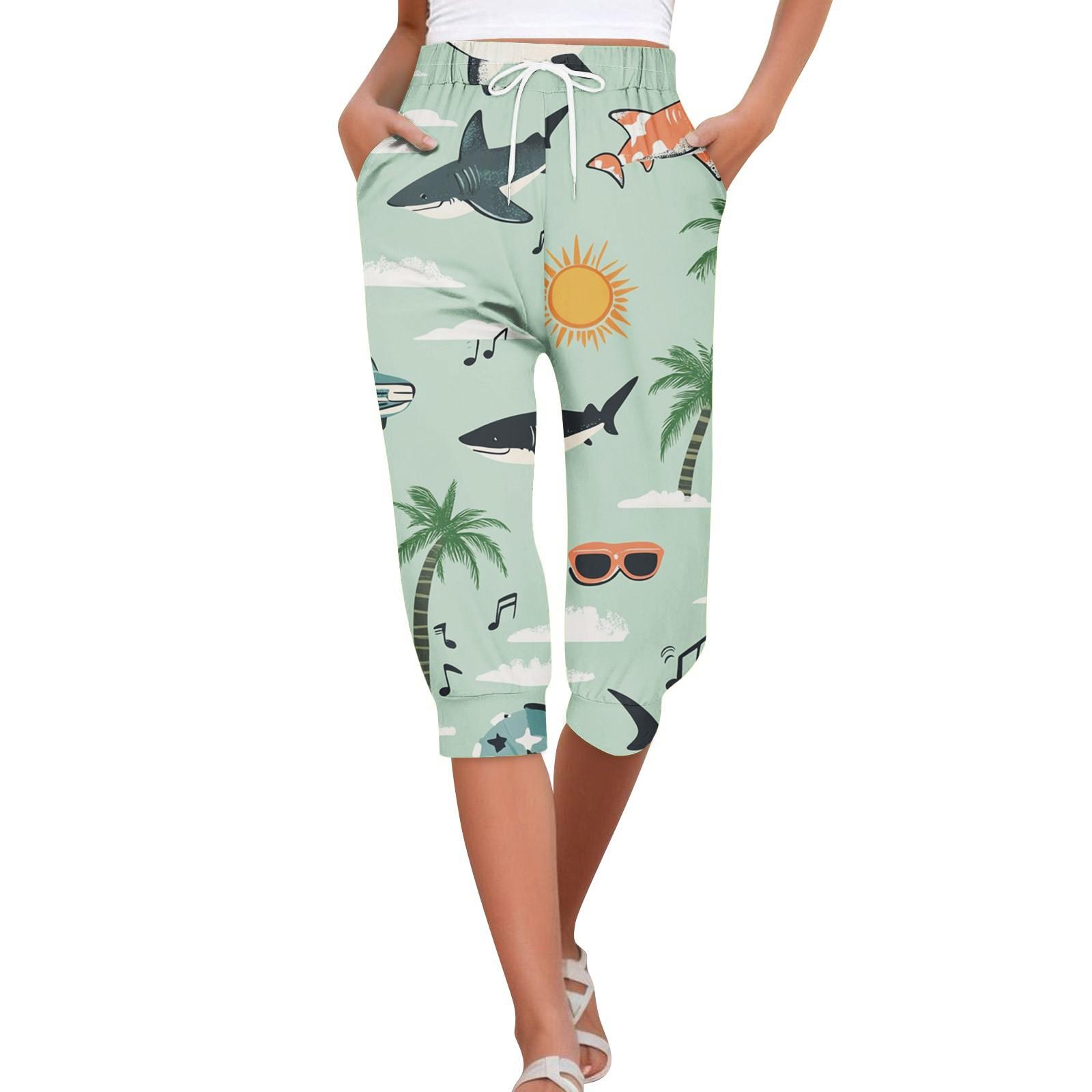 

Женские летние повседневные свободные укороченные брюки с гавайским принтом и карманами XXL