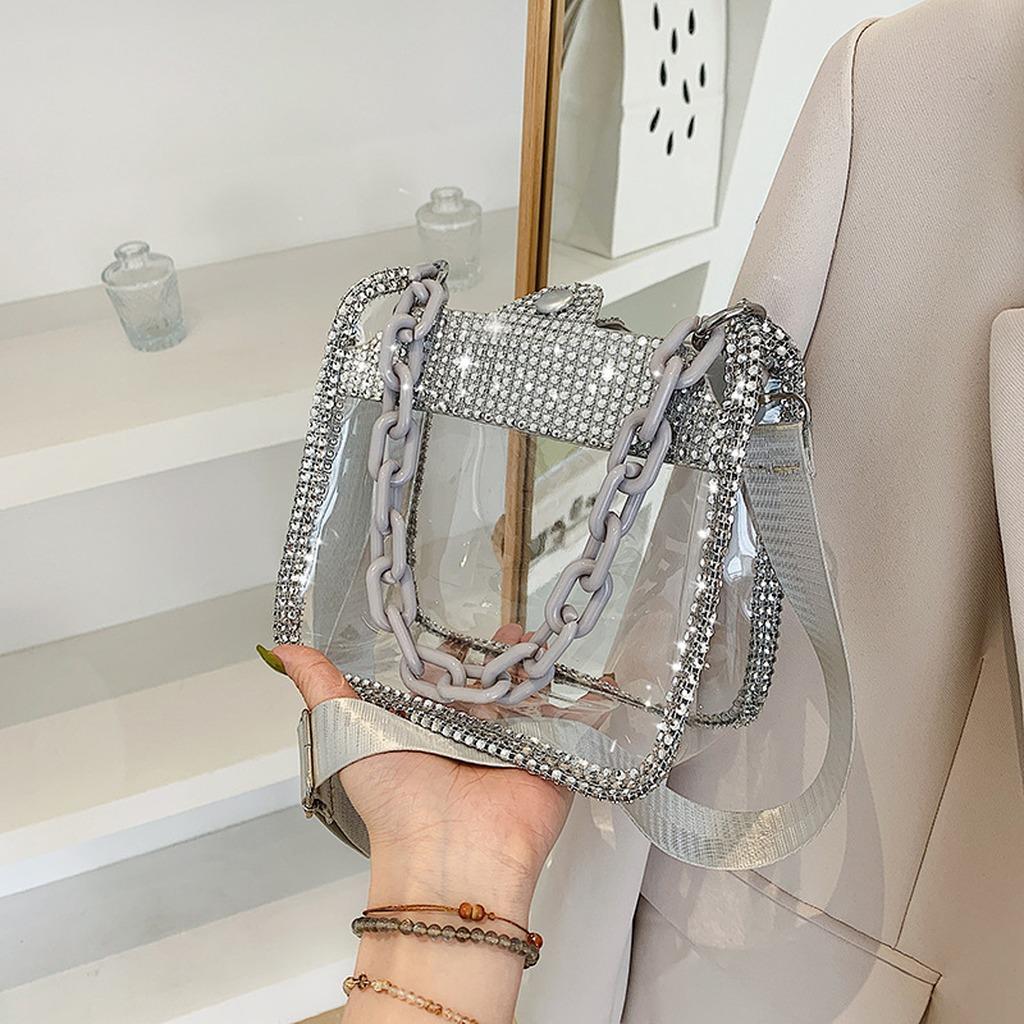 Rhinestone Decor Transparent PVC Women's Square Shoulder Bag Fashion Chain Crossbody Handbag for Daily Use