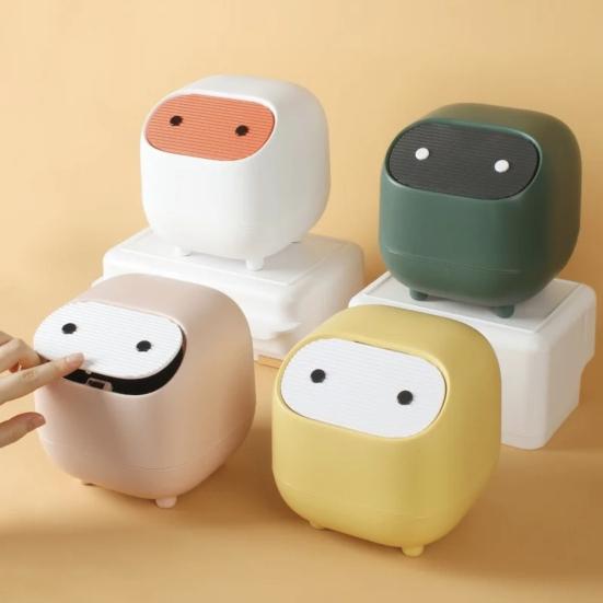 Desktop Trash Can with Folding Cover Press-Type Opening Mechanism Compact Size Cartoon Shape Trash Bin