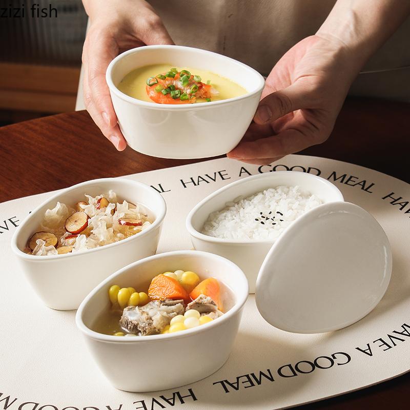 White Ceramic Steaming Bowl with Cover Steamed Egg Bowl Dessert Bowls Dining Plate Stewed Bowls Fruit Plate Dim Sum Dish Tray