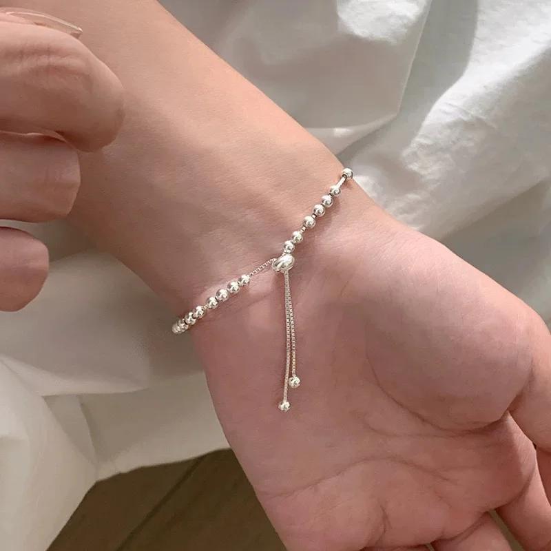 100% Solid 925 Silver Metal Bracelets for Women Men Adjustable Beads Handmade Simple Birthday Christmas Gift