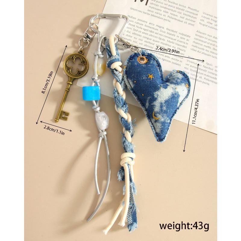 Cross-border retro denim love pendant pendant resin beaded key braided rope bag pendant keychain