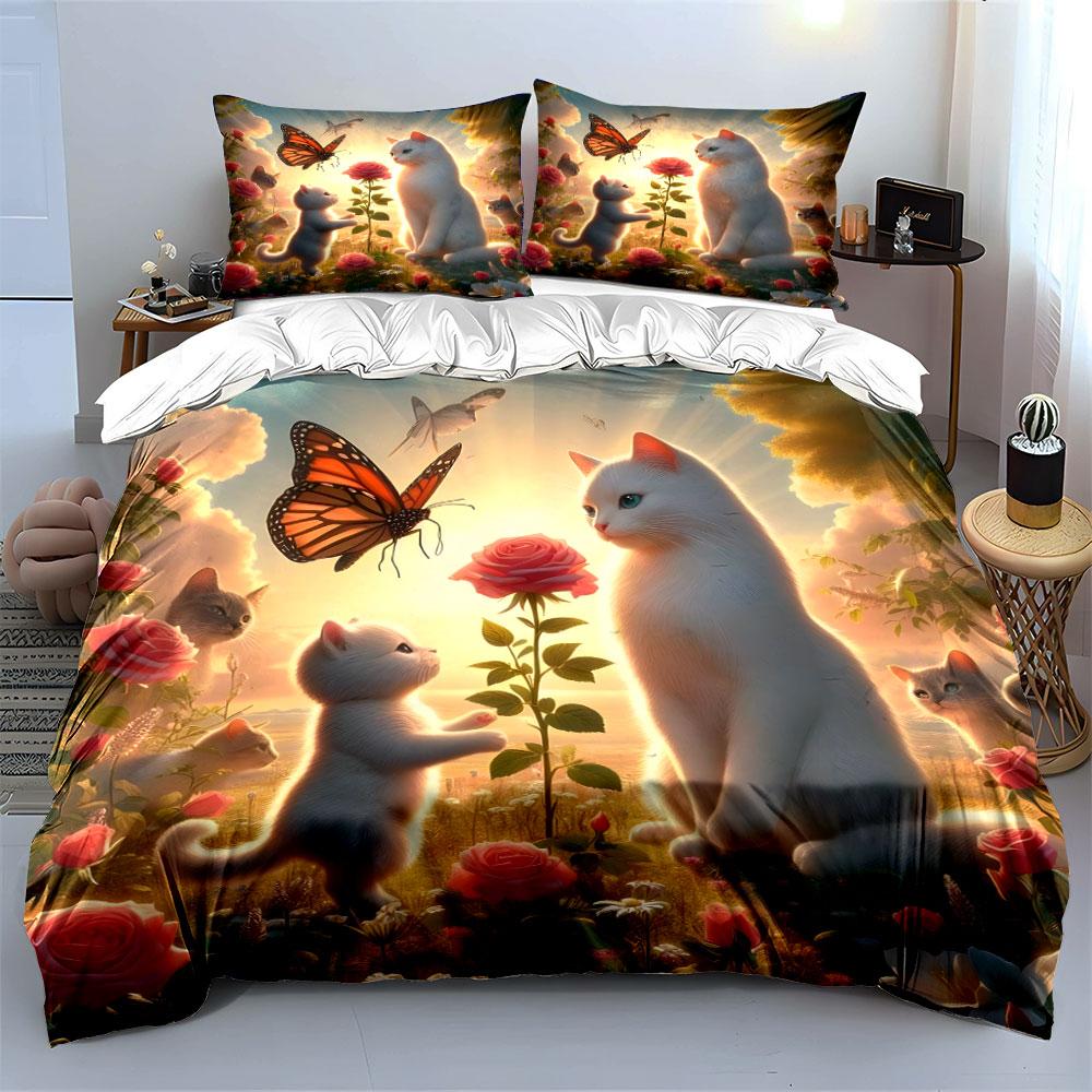 Whimsical Feline Garden Dream. Bedding Sets Duvet Covers Pillowcases(1* Duvet Cover 2* Pillowcases Without Duvet Insert)