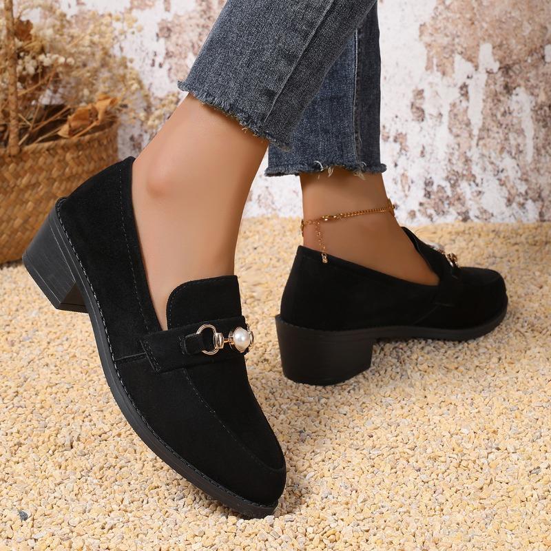 Women's Coarse Heel Shoes Autumn New Round Head Deep Mouth Pearl Suede Anti-slip Wear-resistant Low-top Shoes