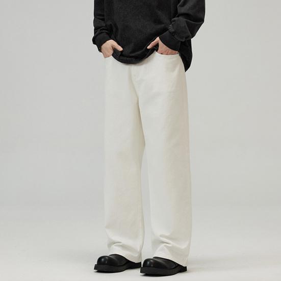 Men Pants Solid Color Straight Wide Leg Retro Style Pants with Pockets Zippered Trousers for Daily Home Streetwear Sports