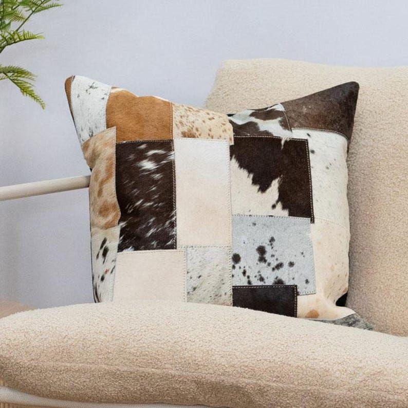 

Artisan Patchwork Leather Cushion - Handmade Cowhide Hide Pillow | Melbourne Leather Co Gift For Her Him Birthday Anniversary 14 x 14 in