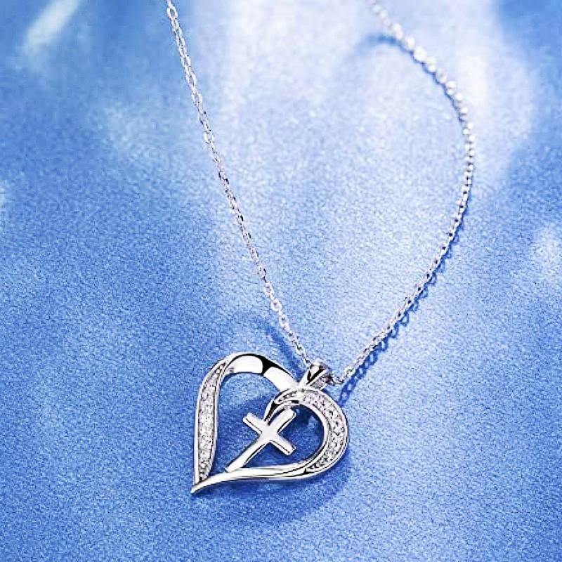 Huitan Creative Heart with Cross Design Pendant Necklace for Women Wedding Anniversary Party Statement Neck Accessories Jewelry