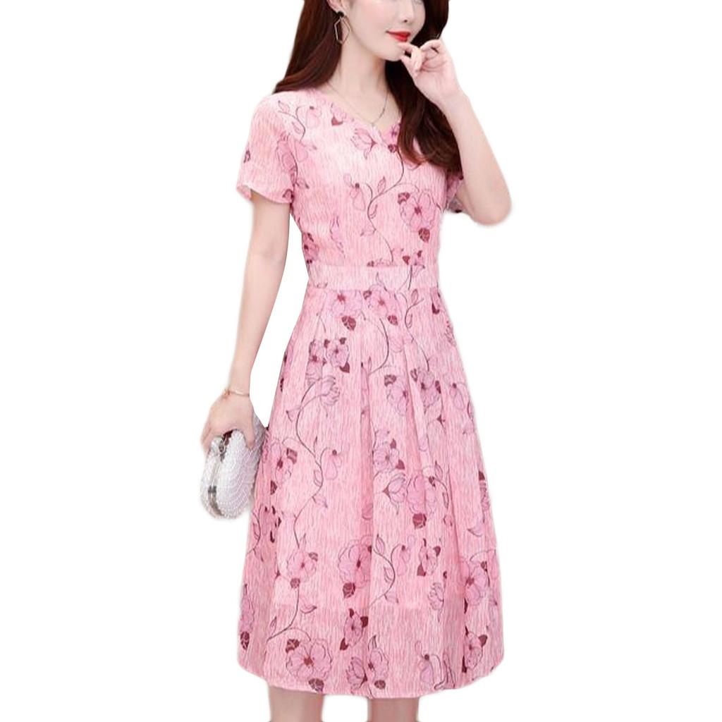 Fashion Casual Women O-Neck Short Sleeve Ladies Loose  Print Knee Length Dress