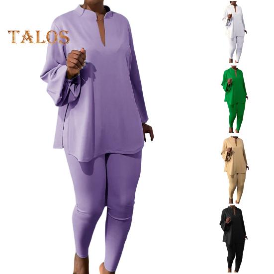 2 Teile/satz Damen Top Hosen Set Stehkragen Langarm Lose Geteilter Saum Bluse Elastische Taille Slim Fit Hose Täglichen Tragen Outfit Sommerkleidung