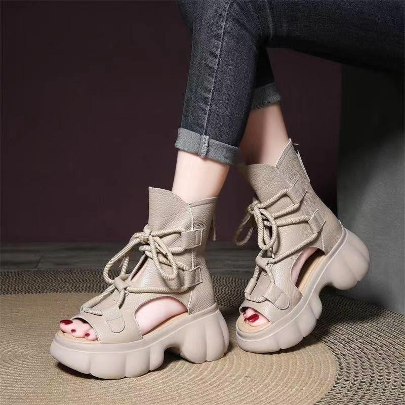 Fashion 2024 New High Quality Women Sandals Handmade Retro Wedges Heel Sandals Ladies Summer Back Zipper Platform Roman Cool Boots