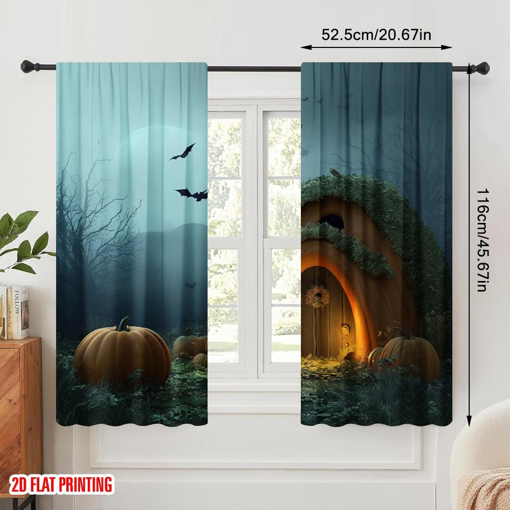 2pcs,2D Plane Printing Creative Curtains Halloween Pumpkin (20) Versatile Polyester Fabric (without Rod) Decorations Inside
