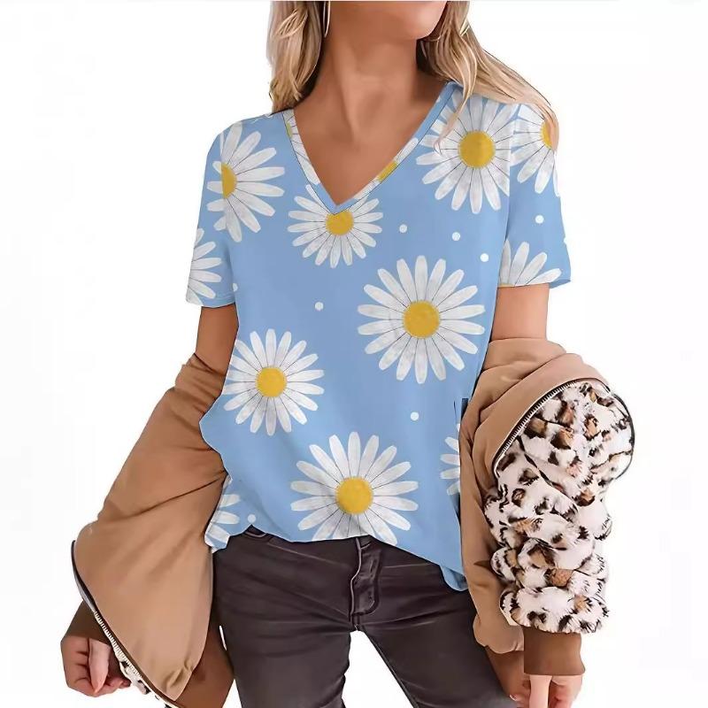 

Летняя повседневная женская рубашка с принтом маргаритки для поездок на работу, элегантная, с V-образным вырезом и короткими рукавами 5XL