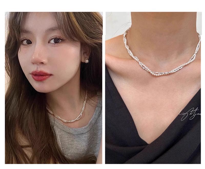 Double Layer Shredded Silver Pearl Necklace - Elegant Women's Clavicle Chain, Versatile Fashion Accessory, French Retro Style