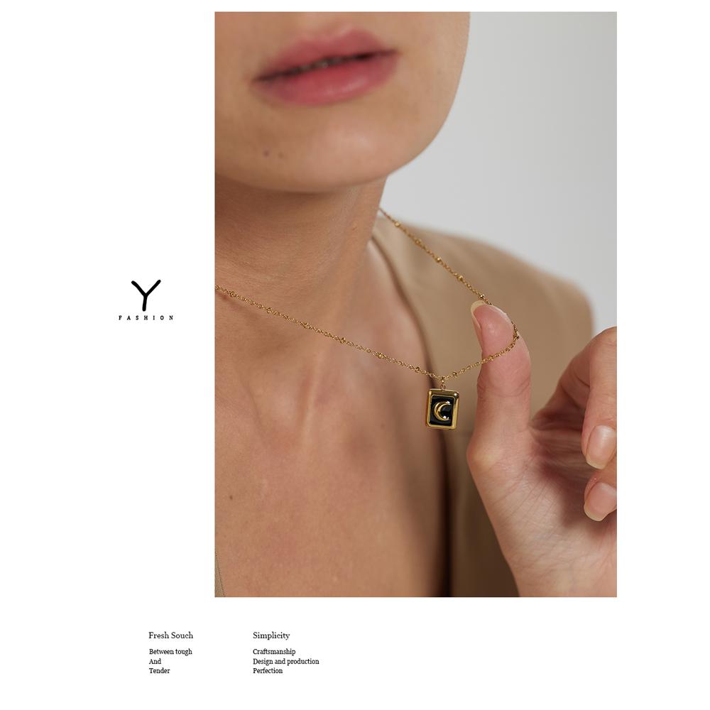 Yhpup Stainless Steel Enamel Moon Pendant Necklace Jewelry Stylish Metal Square Temperament Collar Anniversary Gift Waterproof