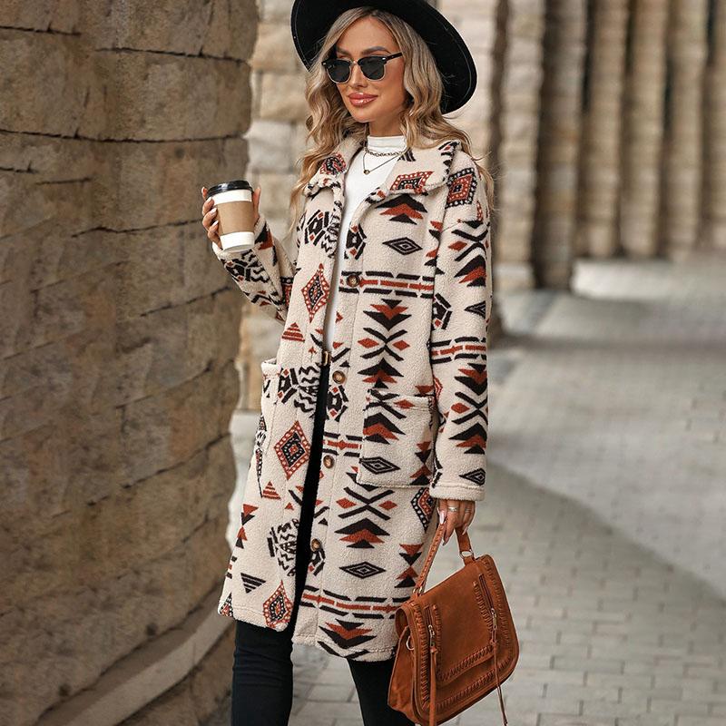 Autumn and Winter Printed Plush Coat Flip Collar Single Breasted Long Sleeved Jacket Women's Warm Comfortable Outerwear Retro Ethnic Style