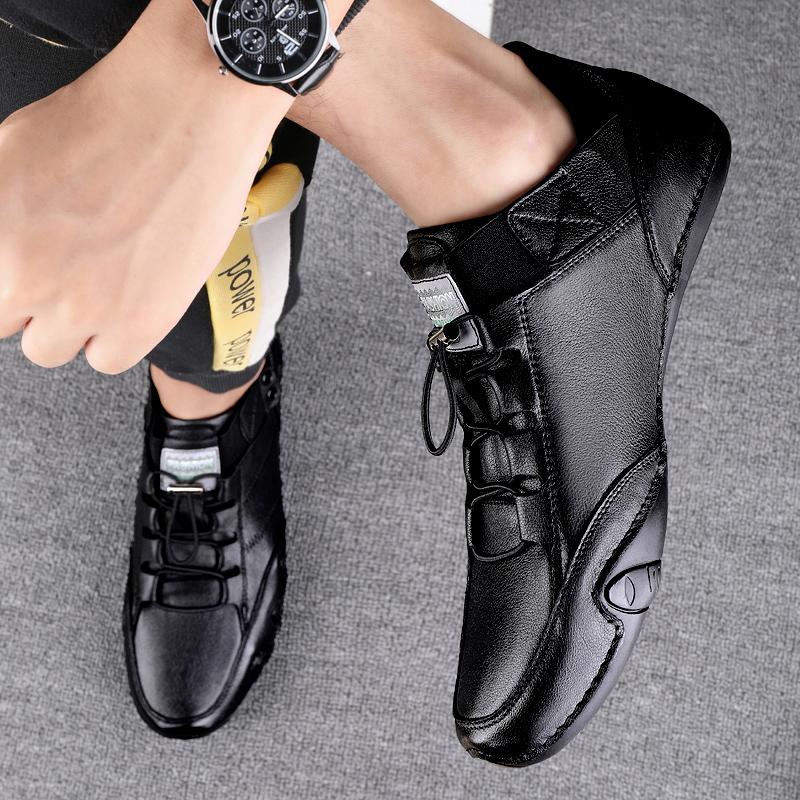 Four Seasons Men's Leather Shoes Classic minimalist black and white Daily driving office outdoor leisure walking men flat shoes