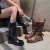 Full Cowhide Autumn and Winter Retro Heightening Medium Boots Belt Buckle Lace Locomotive Fried Street Knight Boots Thick-soled Martin Boots Women