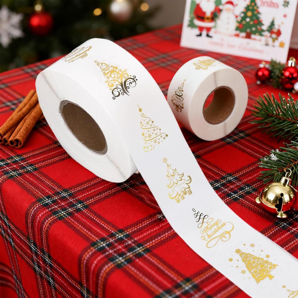 500 Sheet/roll 1inch Christmas Gift Card Label Sticker Clear Christmas Tree Sealing Sticker Adhesive Gold Foil Christmas Sticker