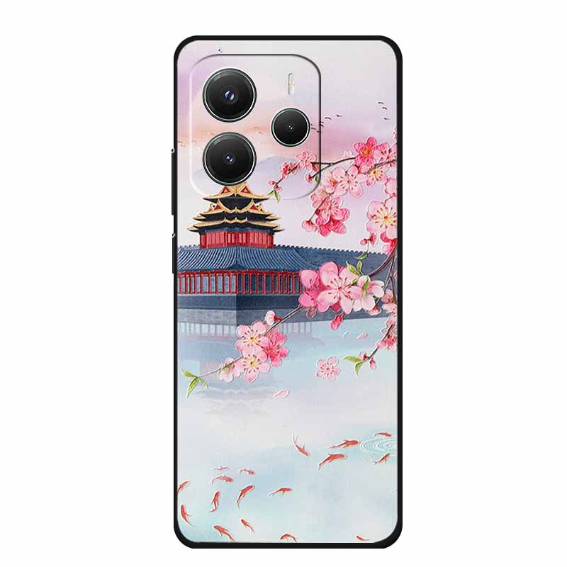 3D Emboss Case For Xiaomi Redmi Note 14 Phone Case Flowers Black Silicone Soft Back Cover Coque For Redmi Note 14 5G Global Case
