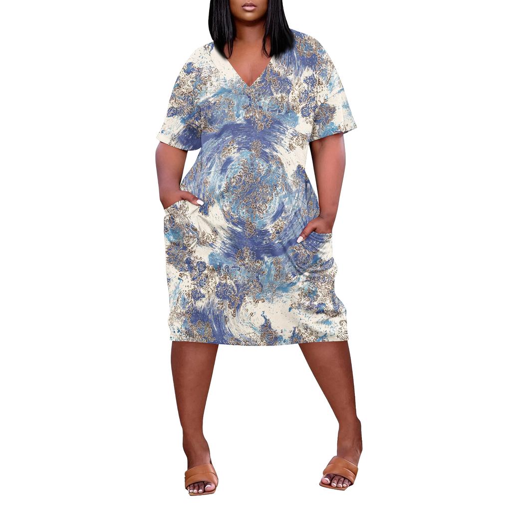 Letní nadměrné velikosti V výstřih krátký rukáv ke kolenům kapsa potisk ležérní šaty pro ženy