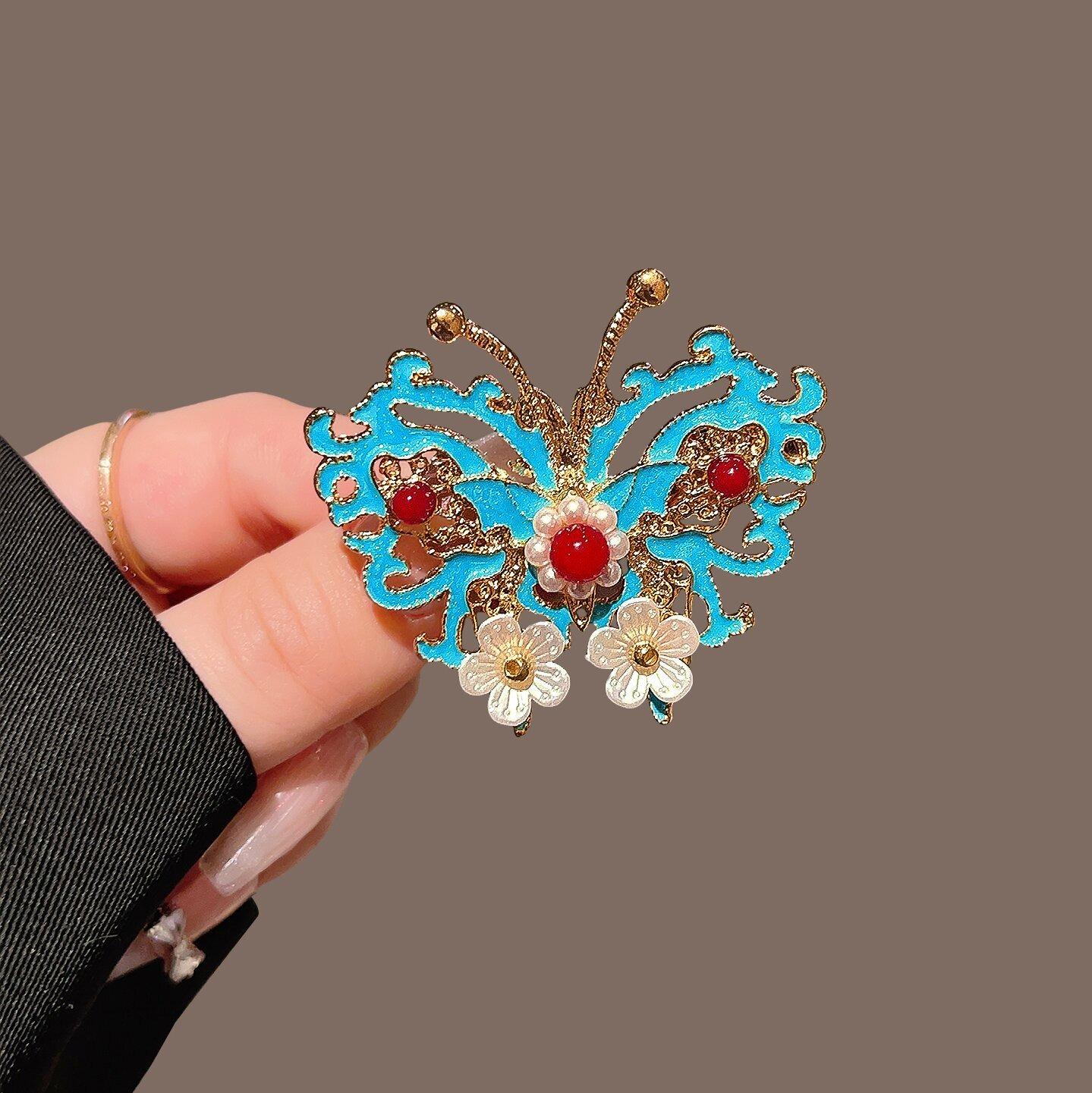 

1pc Vintage Chinese Style Enamel Butterfly Hair Clip Pearl Red Bead Tassel Pendant Exquisite Painted Women s Daily Styling