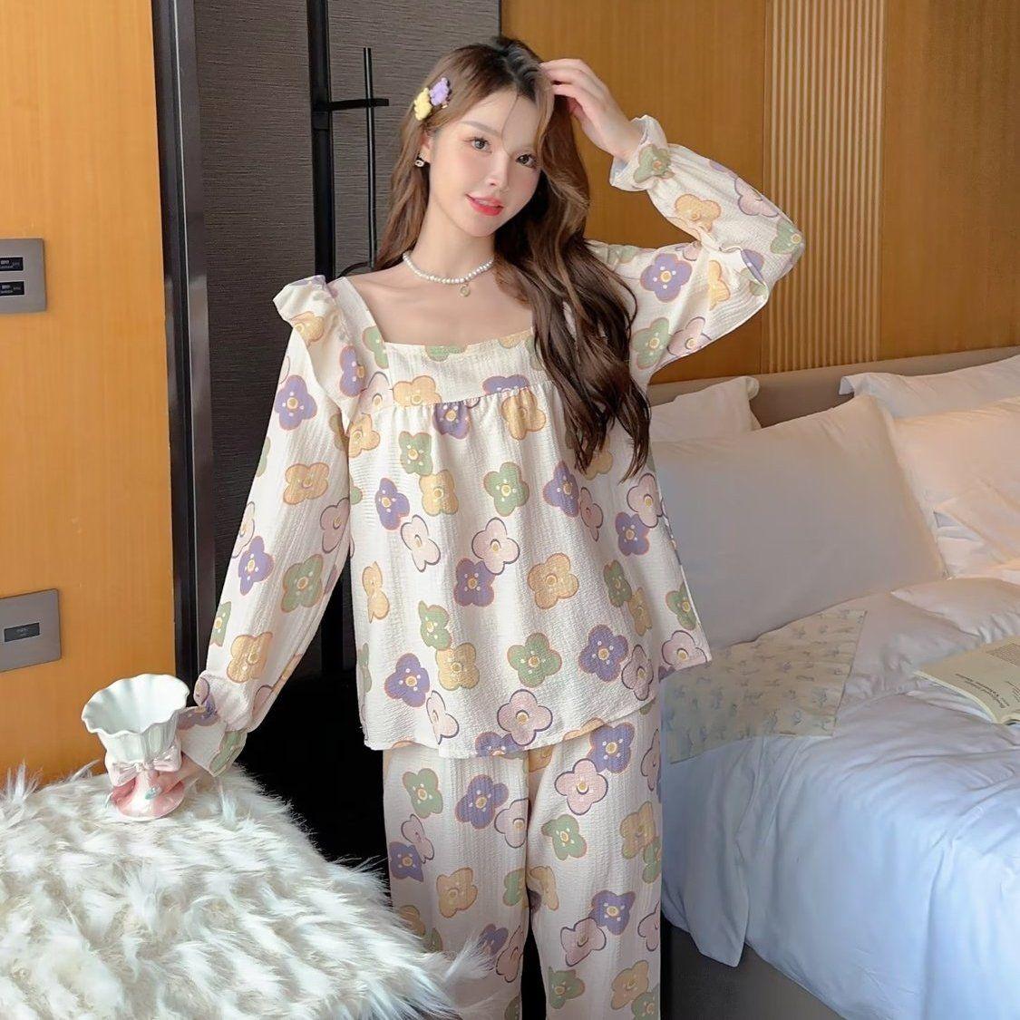 

Весна и осень Новая домашняя одежда Милый женский пижамный комплект Свободный пижамный комплект для девочек Японская повседневная домашняя одежда 2XL