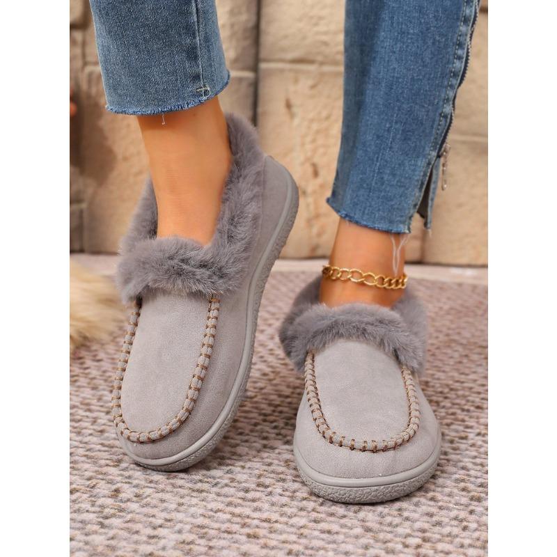 Women's Plus Size Furry Cuff Flat Cotton Shoes Autumn Winter Fleece Lined Warm Slip on Shoes