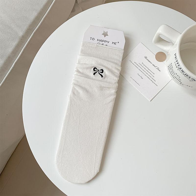 Socks Women'S Stacking Socks Bow Embroidered Women'S Socks Japanese Versatile Anti-Pilling Boneless Solid Color Simple Medium Tube Socks