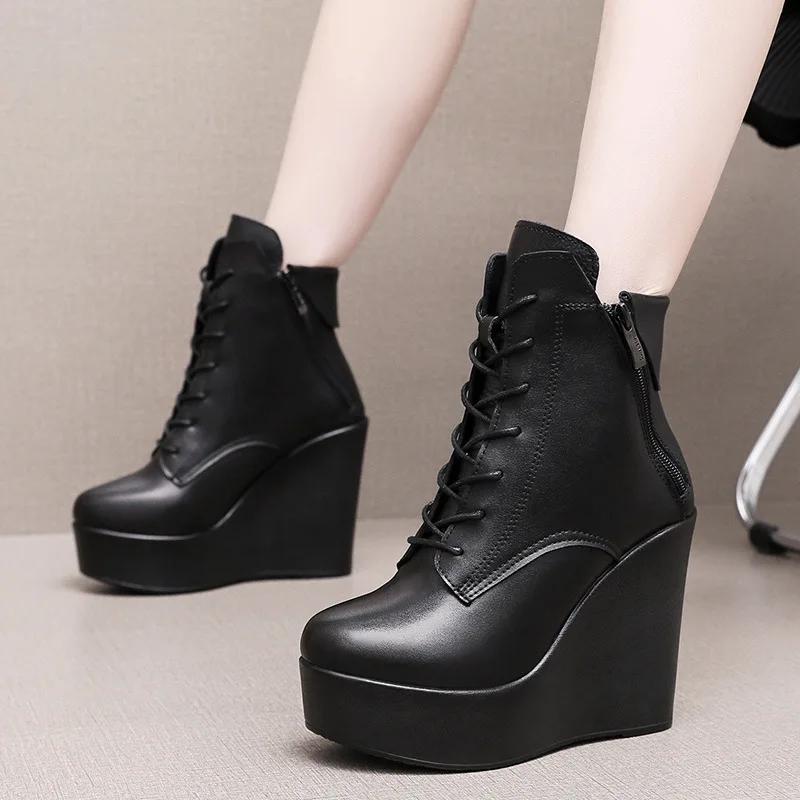 10cm 12cm Small Size 33-43 Fashion Platform Wedges Shoes Women Boots Leather 2025 High Heels Motorcycle Ankle Boots Office Mom