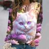 Flowers Cat  Long Sleeves Women Colorful Animal 3D Clothing  Tops O-Neck Cotton Clothes T-Shirt